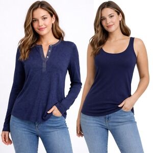BUNDLE Vince Silk Trim Henley and Scoop Neck Tank Top | Size Small, Navy Blue